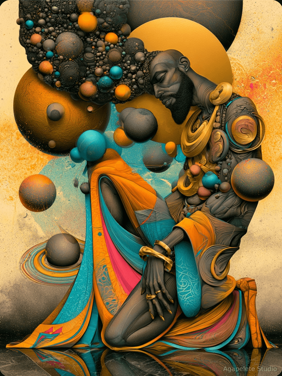 Afro-Surreal Galactic Wisdom Keeper 1 surrounded by orbiting planets and gold-ring motifs