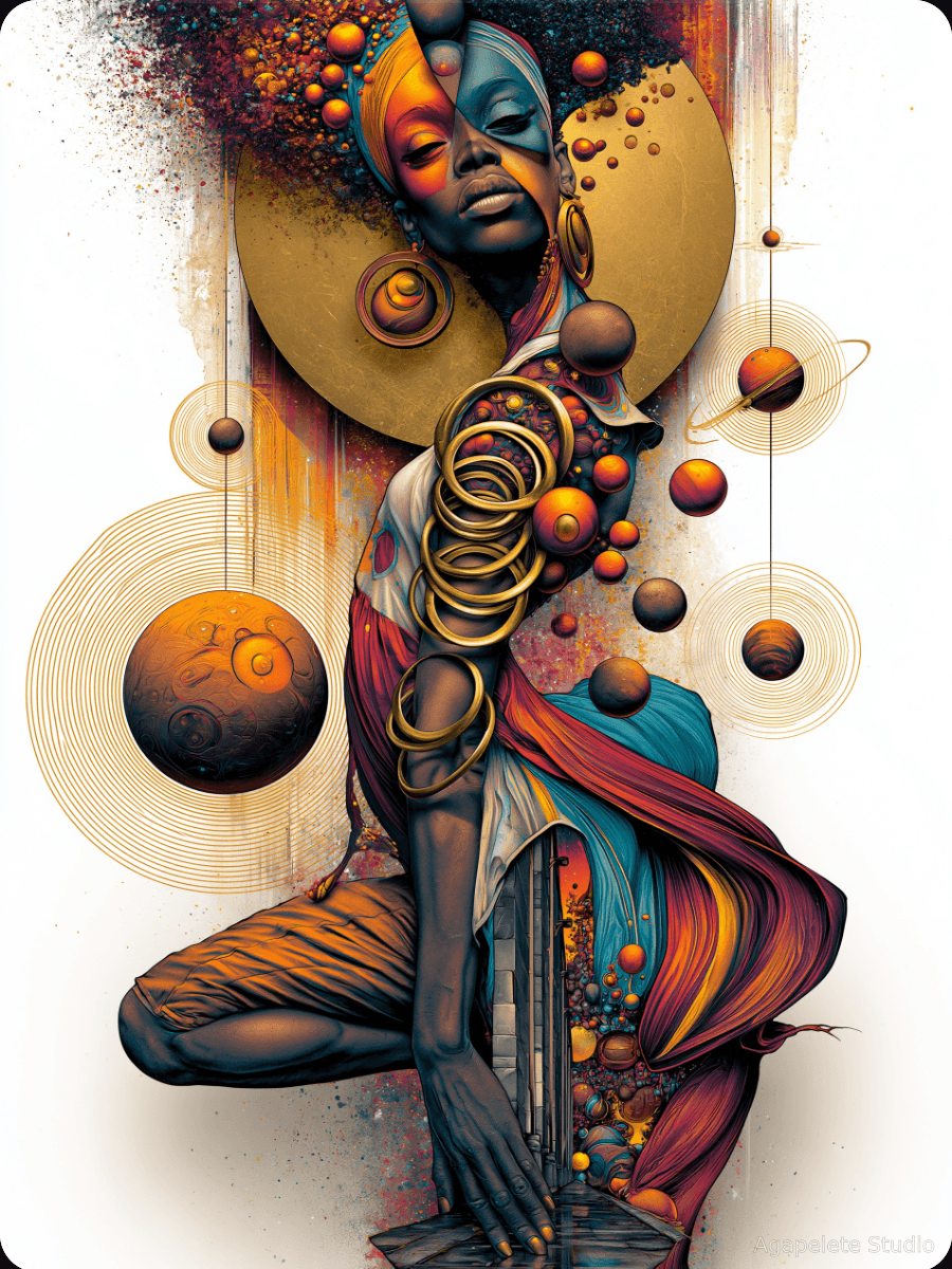 Afro-Surreal Galactic Wisdom Keeper 2 surrounded by orbiting planets and gold-ring motifs