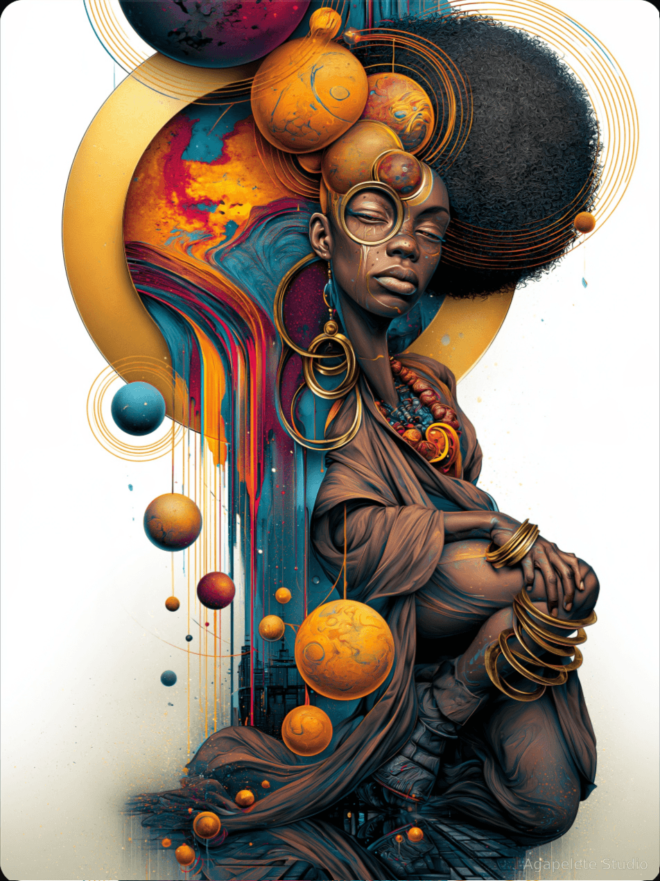 Afro-Surreal Galactic Wisdom Keeper 3 surrounded by orbiting planets and gold-ring motifs