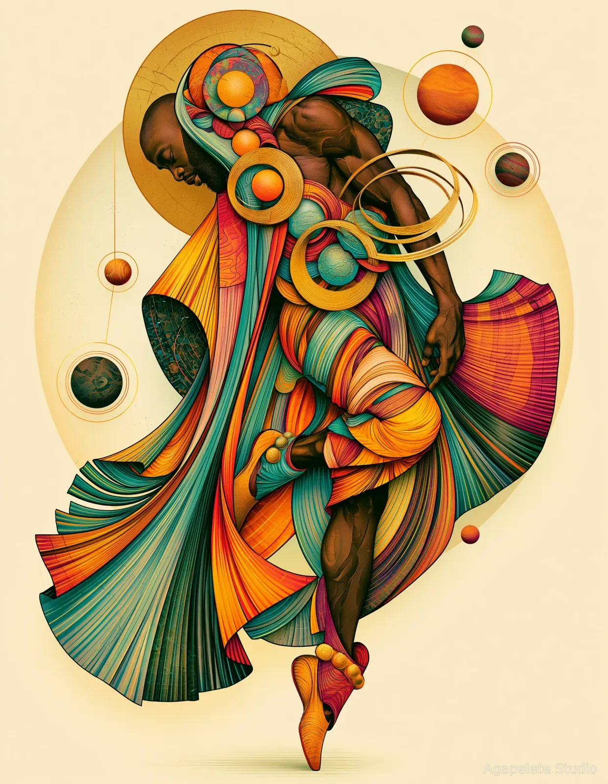 Black male dancer in flowing teal, gold, and coral fabric surrounded by orbiting planets and circular gold forms.