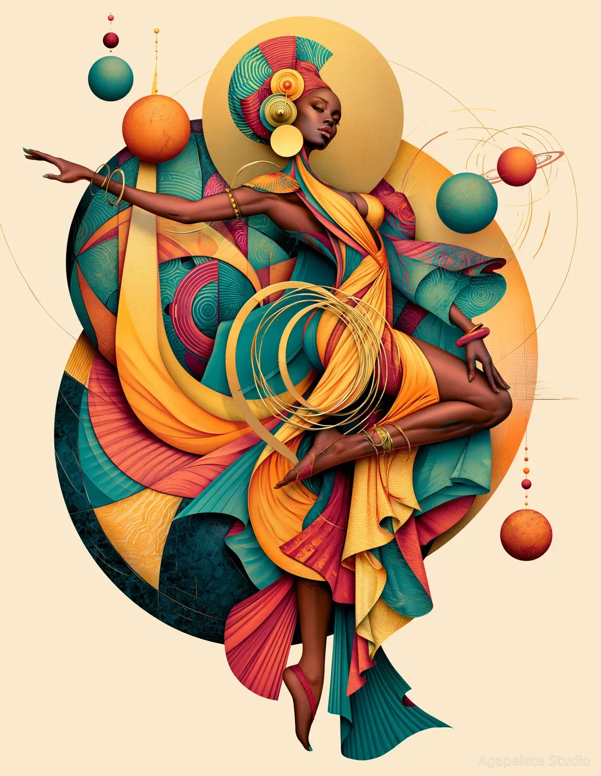 Black female dancer in flowing teal, gold, and coral fabric surrounded by orbiting planets and circular gold forms.
