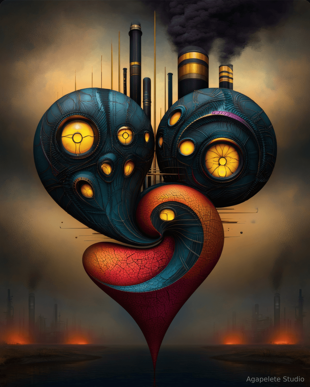 A heart-like sacred structure with two luminous chambers and a deep crimson swirling tail, formed in obsidian blue stone and brushed brass.