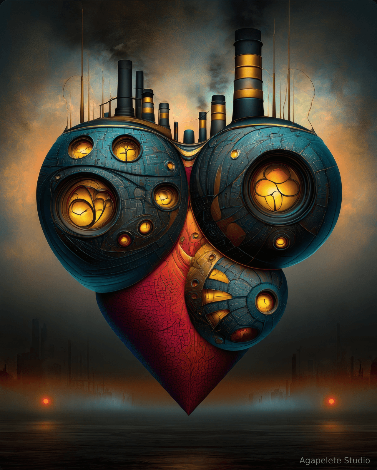 A symmetrical heart-like architectural form with twin blue-black chambers, glowing golden windows, black-and-brass towers, and a crimson lower heart.