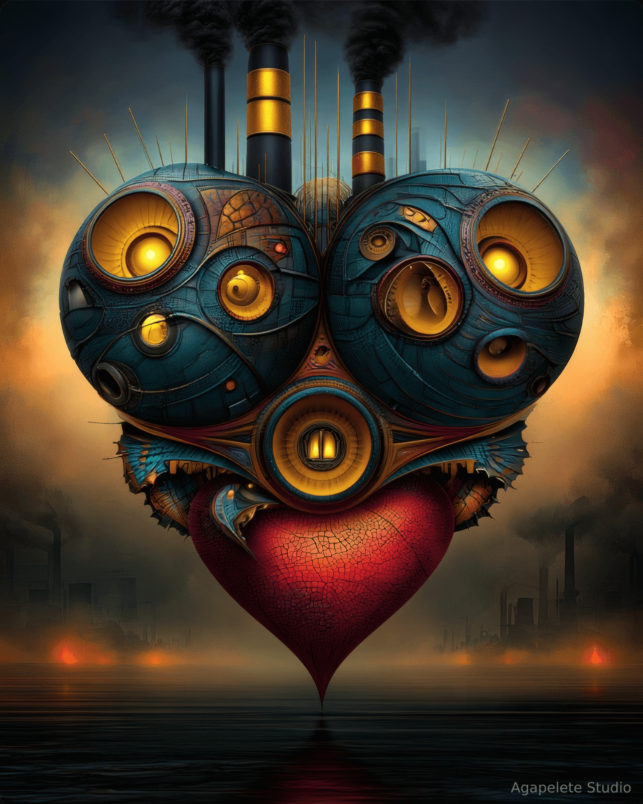 A three-lobed heart-like sacred structure in obsidian blue stone and brushed brass, with glowing golden chambers, tall black chimneys, and a crimson lower heart.