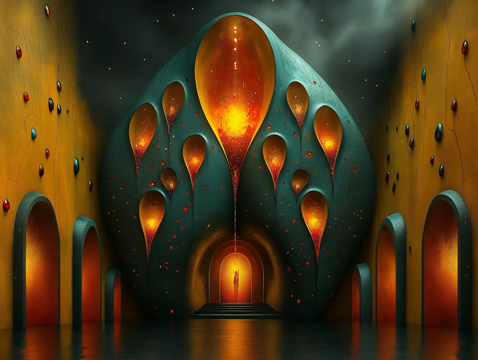 Monumental Afrofuturist interior with glowing amber chambers inside a sculptural teal structure and a solitary figure standing in a radiant central doorway.