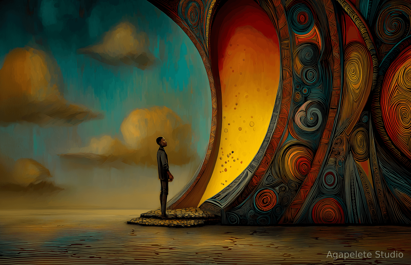 A lone figure standing on a low pebbled island as an immense curving wall of concentric spiral patterns in red, teal, and gold sweeps down to the lined ground, glowing amber within, beneath a teal sky.