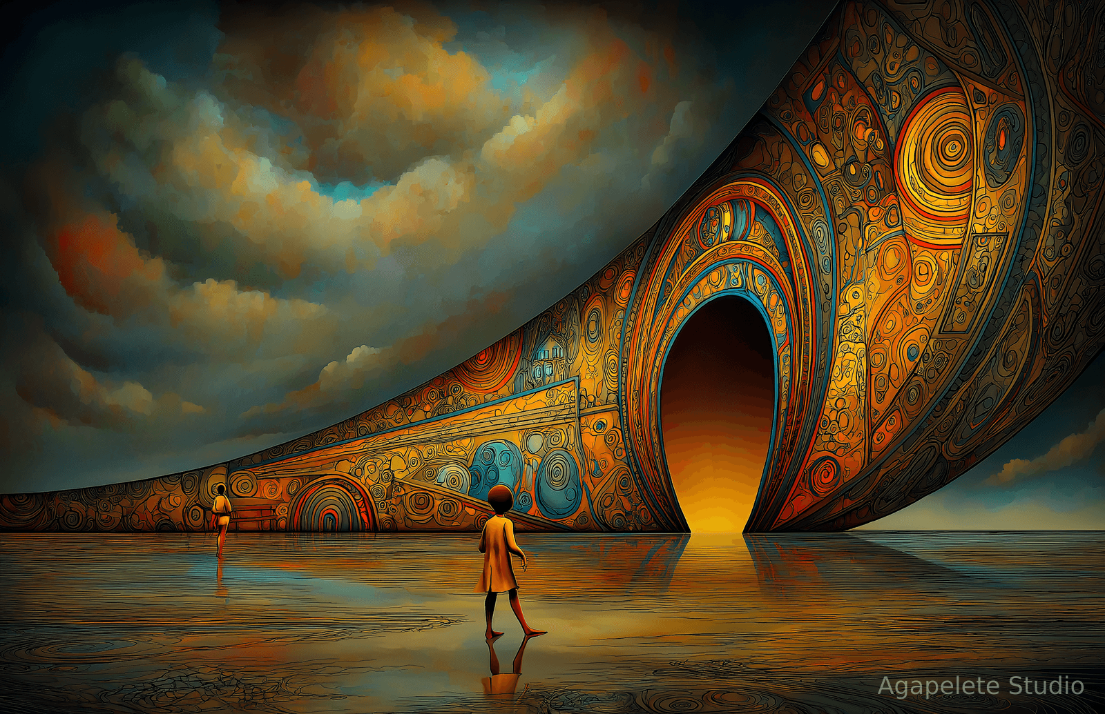 A small figure in an ochre coat crossing a wet mirrored plain toward a towering curved monument inscribed with spirals, an arched void glowing amber at its base, storm clouds above and a distant second figure at far left.