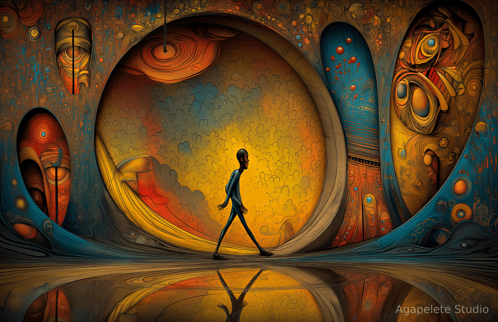 An elongated figure in a slate-blue garment striding through a vast circular opening filled with golden scalloped cloud patterns, flanked by ornamented oval niches, the scene mirrored on the floor.