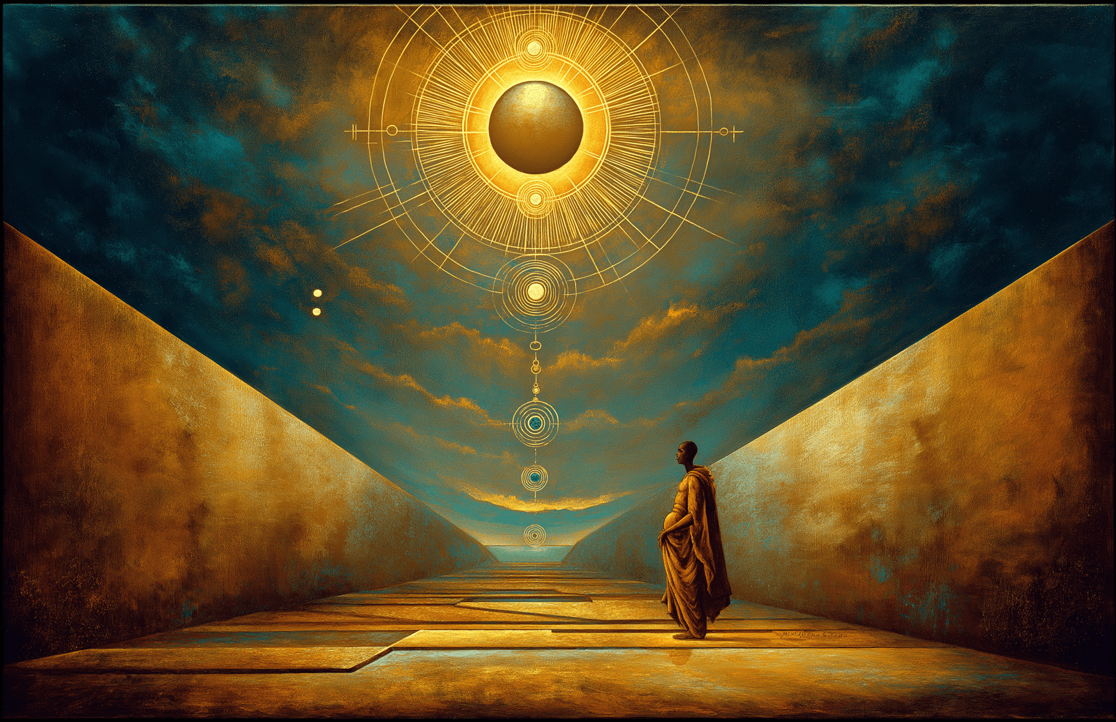 A robed figure standing at the end of a golden walled passage beneath a dark golden sphere encircled by engraved radiant light, a vertical chain of inscribed circles descending toward a bright horizon under teal storm clouds.