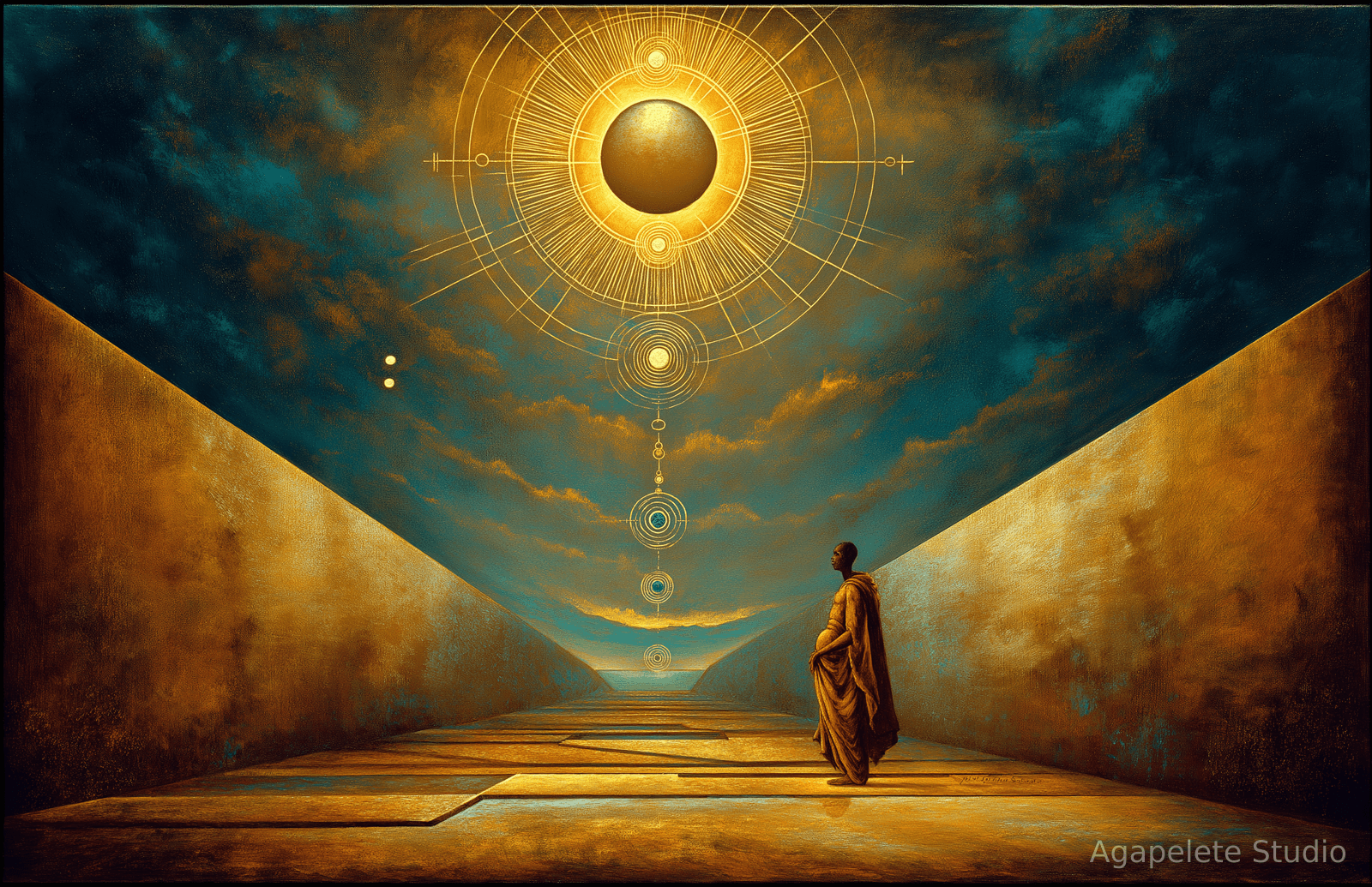 A robed figure standing at the end of a golden walled passage beneath a dark golden sphere encircled by engraved radiant light, a vertical chain of inscribed circles descending toward a bright horizon under teal storm clouds.