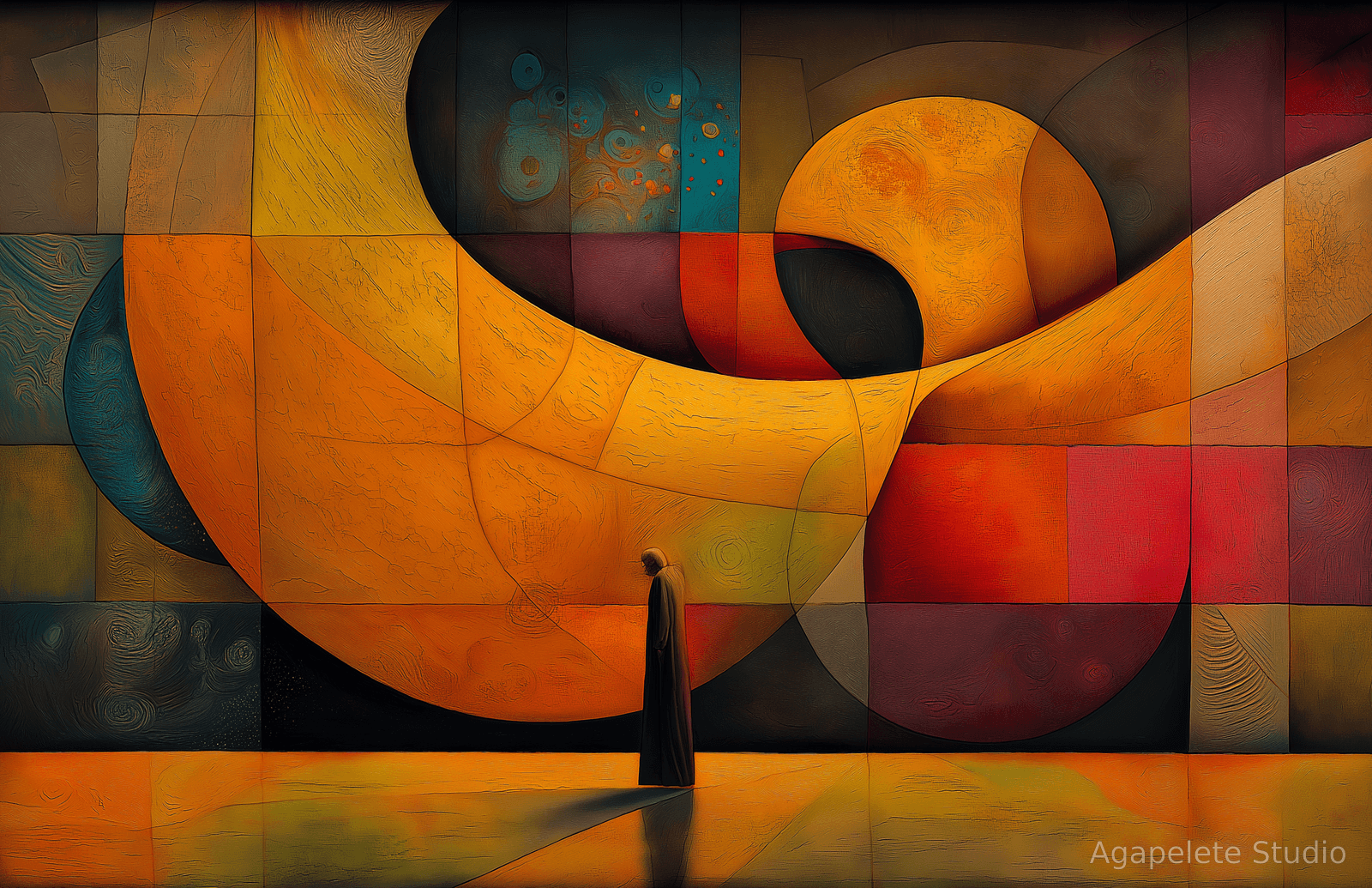 A hooded figure in a long dark robe standing with bowed head before a monumental abstract composition of interlocking crescents, circles, and squares in ochre, red, and teal.