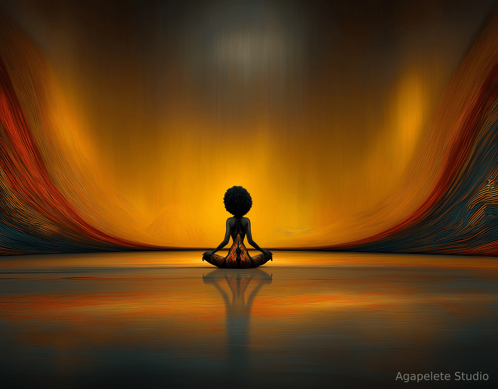 A woman with a rounded afro sitting cross-legged in silhouette on a glowing amber plain, her back traced with ember-colored filigree, fine red and teal threads sweeping upward at both edges.