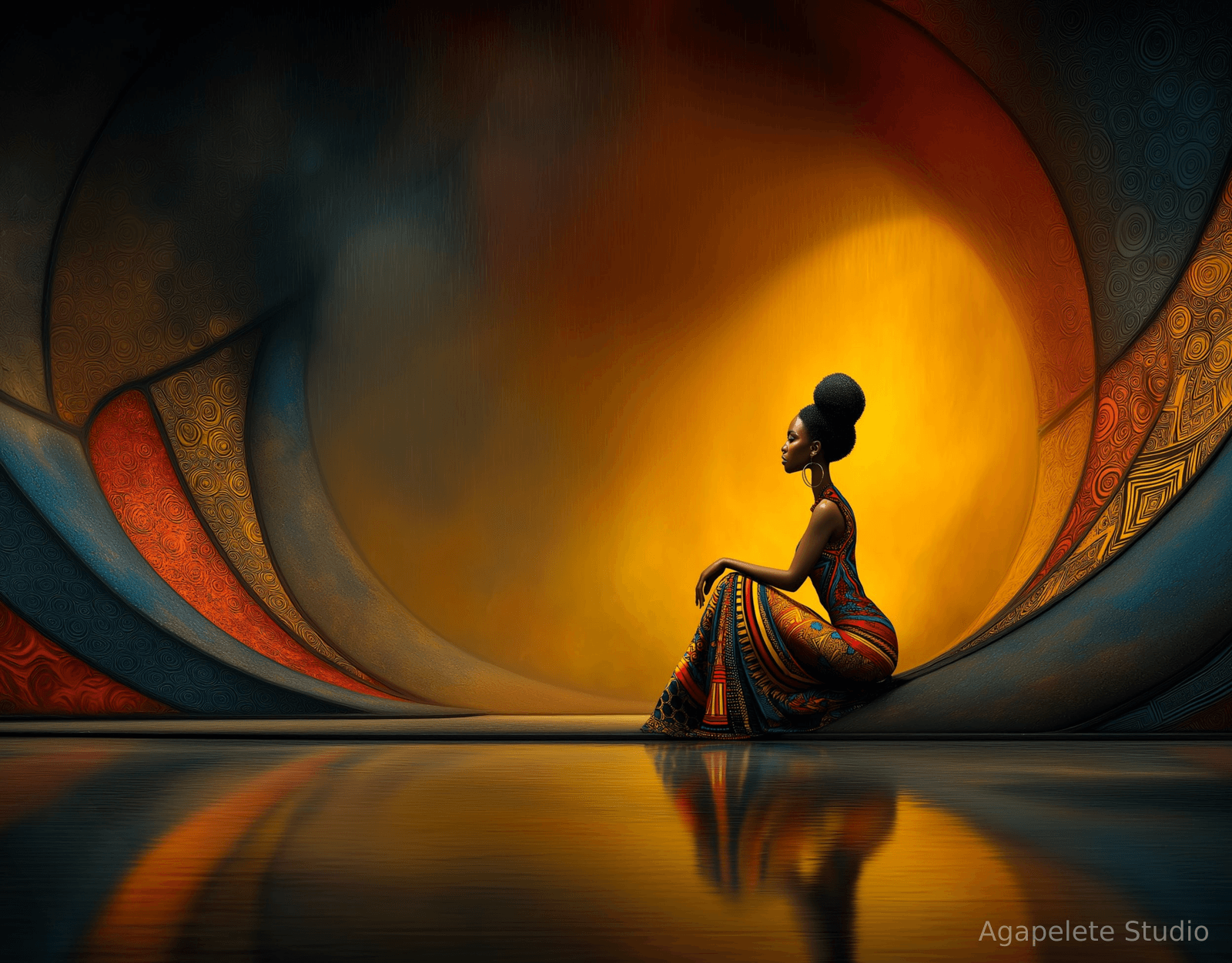 A woman in a patterned multicolor gown sitting in profile within an immense spiral chamber of layered bands lit by a warm amber core, her form mirrored on the polished floor.