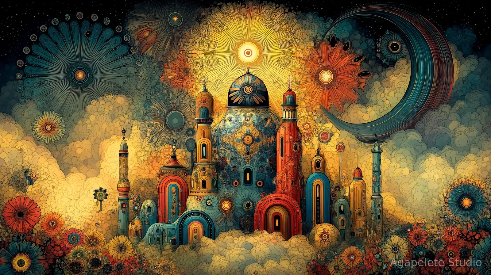 Ornate fantasy city under a radiant sun and large teal crescent moon, with flower-covered clouds at its base.