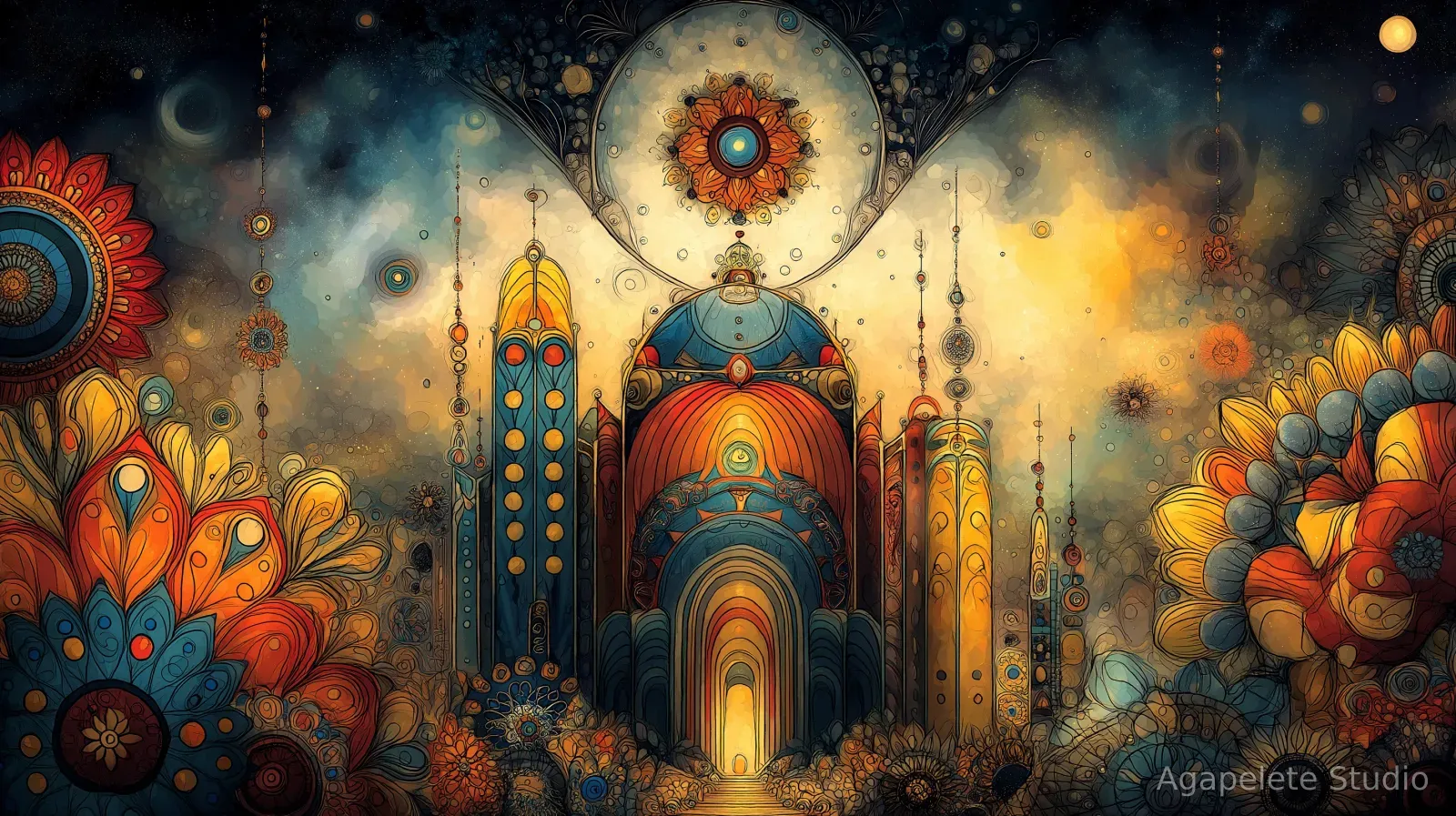Fantastical night skyline with a large golden dome marked by a concentric eye, surrounded by ornate towers and cloud foam.