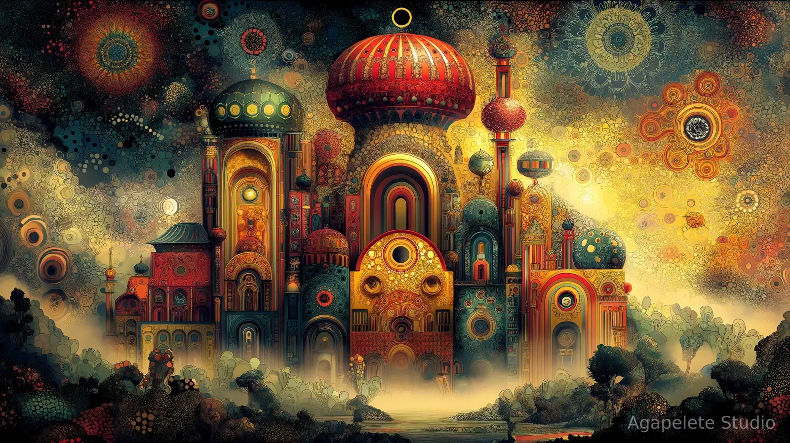 Ceremonial hall with a giant spiked orange sun-wheel above a glowing arched doorway with steps, flanked by ornate totems.