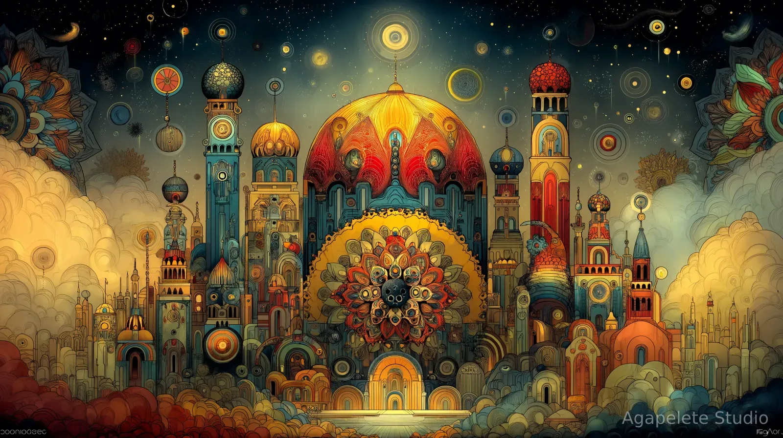Symmetrical fantasy palace with a giant yellow flower above its dome and a glowing golden gate reflected in still water.