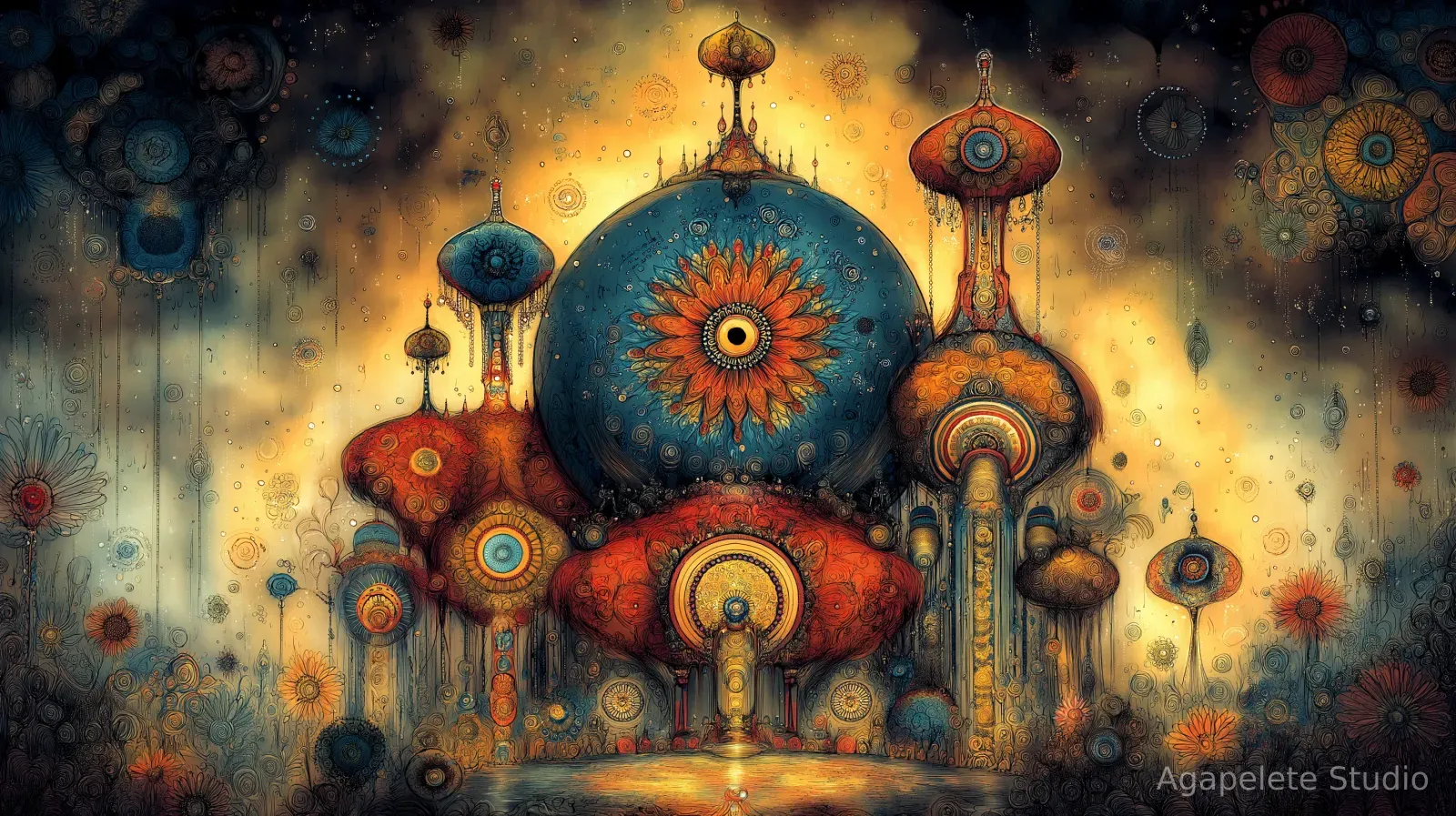 Surreal city at night with two large eyes floating in a swirling sky beside an orange petal-shaped sun.