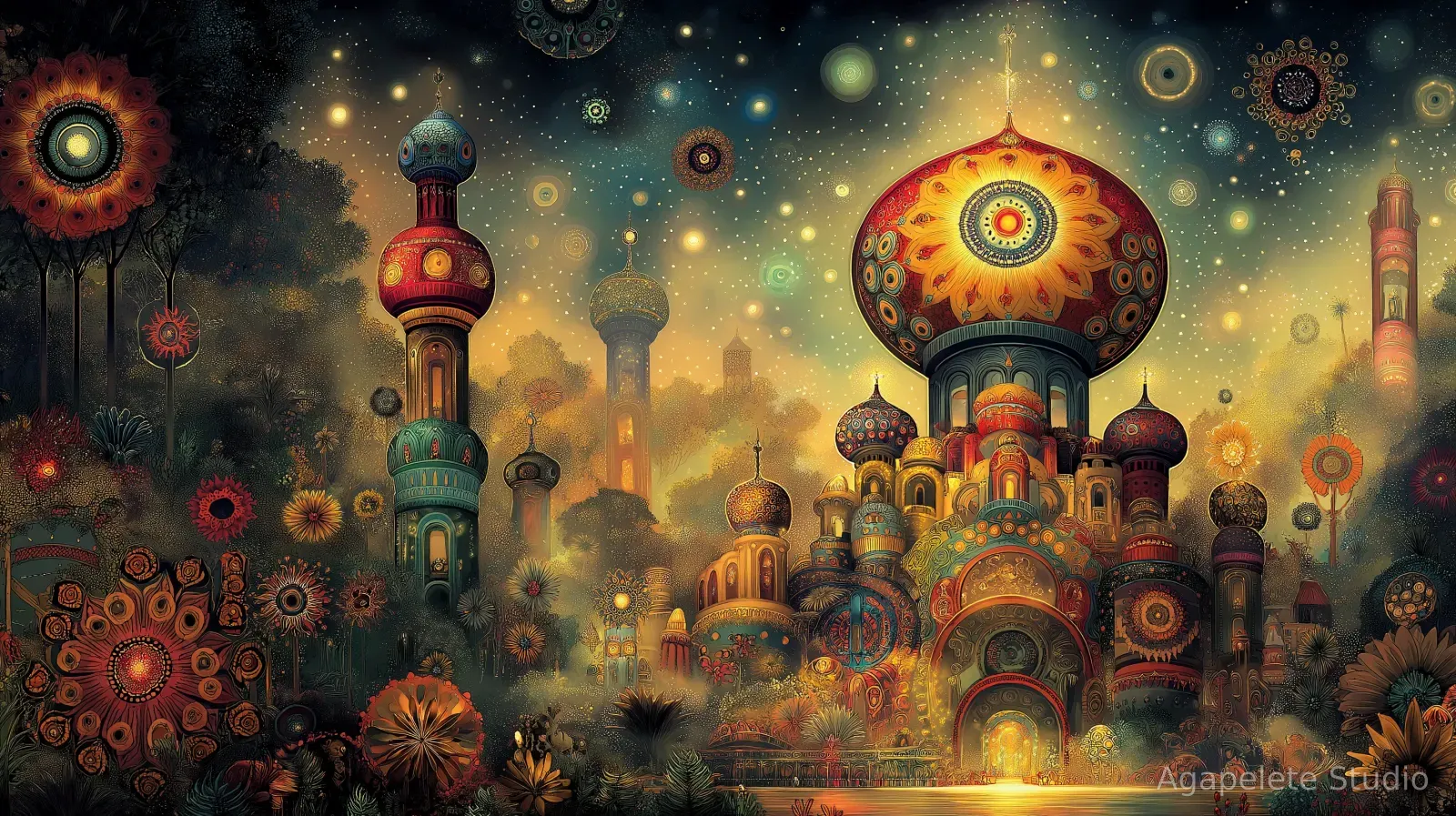 Fantastical hillside town under a giant red dome decorated with a sunflower mandala, windows glowing beneath a starry sky.