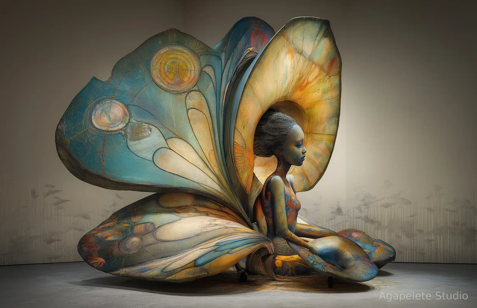 A nude Black female figure seated in right profile with eyes closed, framed by enormous moth wings whose upper panels carry large concentric eye-disc targets in teal, ochre, and gold, the body mottled in jewel-toned color.