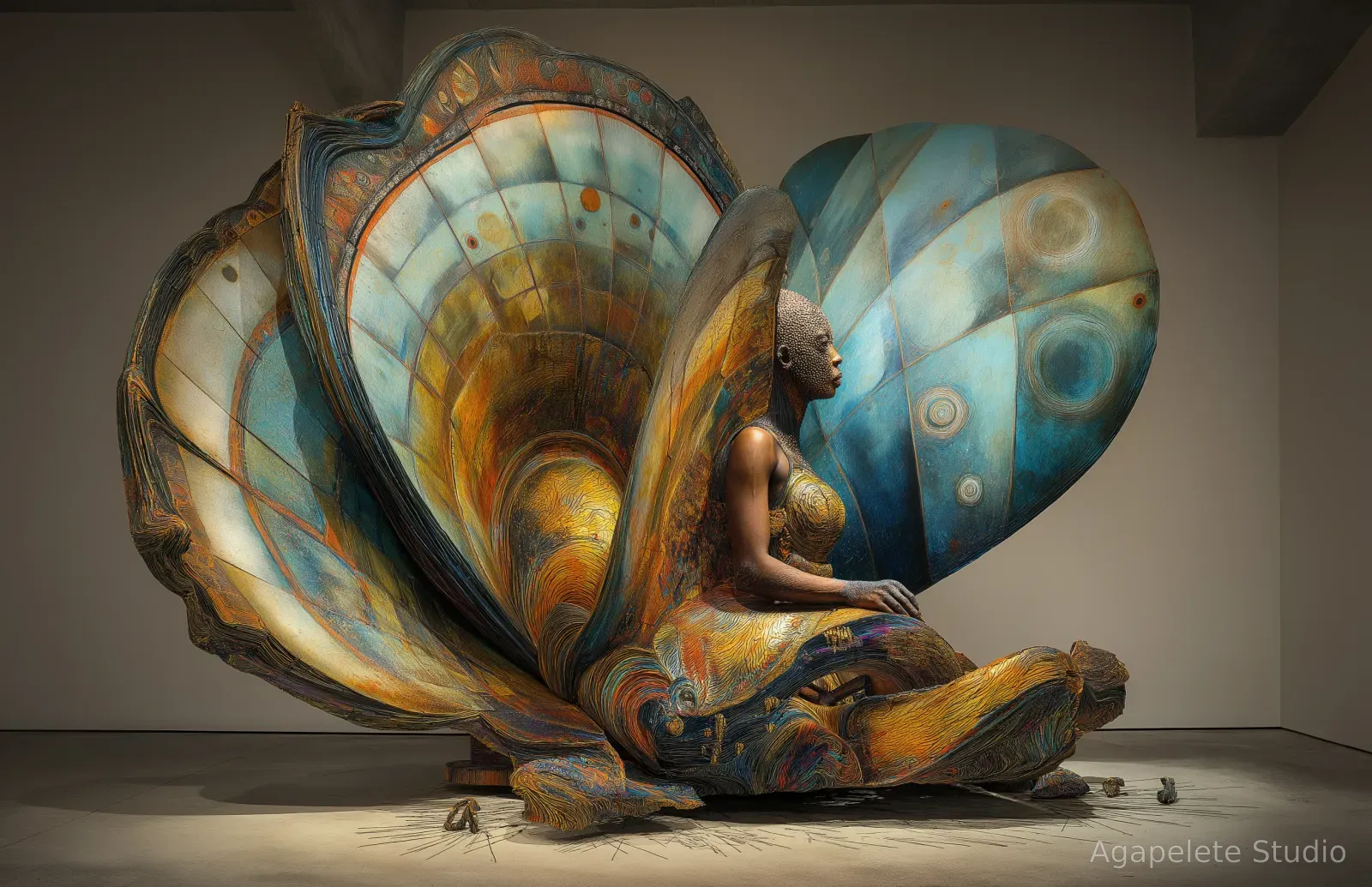 A nude Black female figure seated cross-legged in right profile at rest, before a vast ribbed shell-fan that opens into a golden spiral of concentric ridges, a second disc-marked fan in deep blue behind, bathed in warm amber and teal light.
