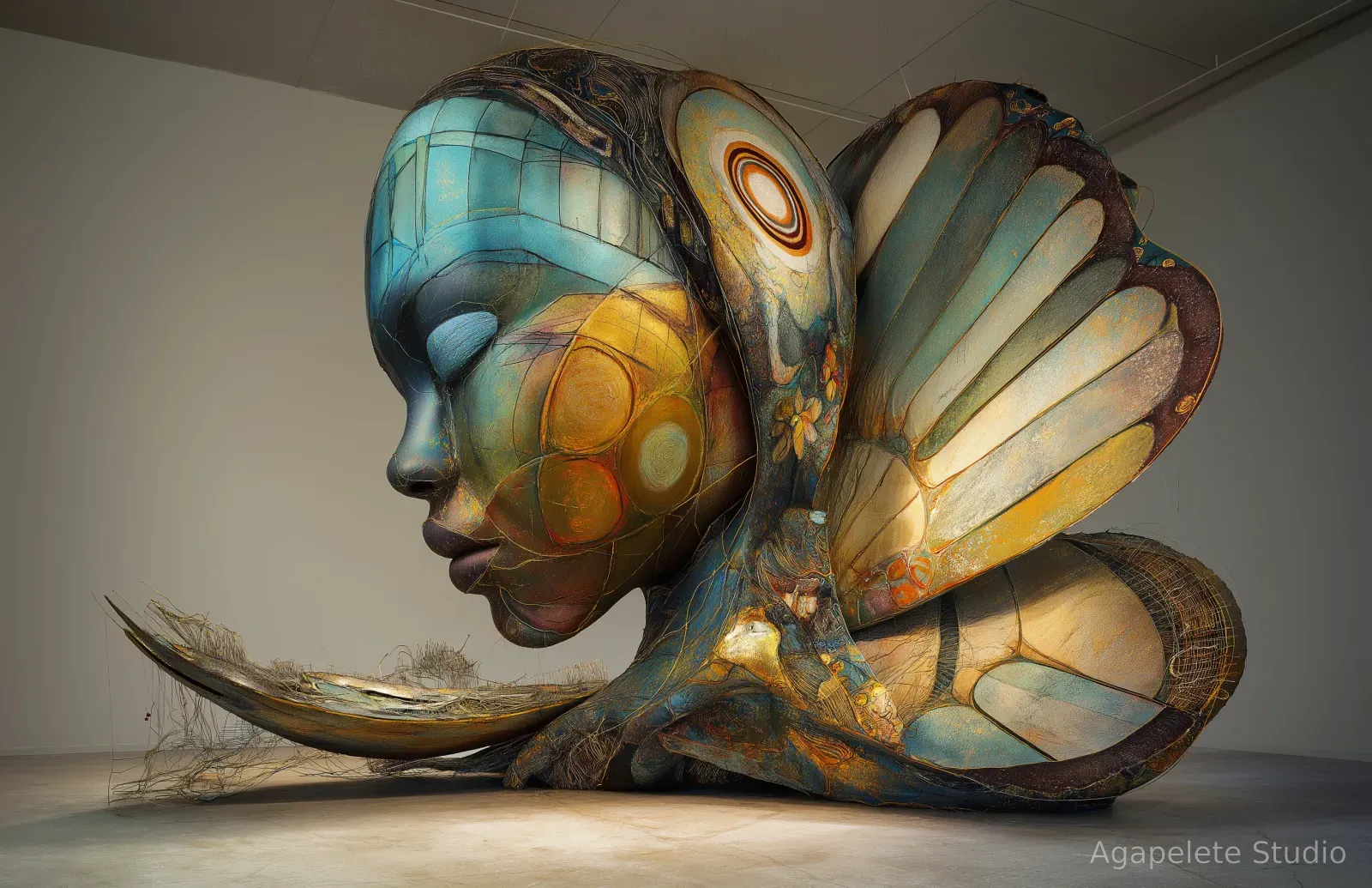 An oversized Black profile head facing left, built from fragmented teal, blue, and gold planes with concentric discs on the cheek, butterfly wings opening from the back of the skull and a fine wire filament trailing across the floor.