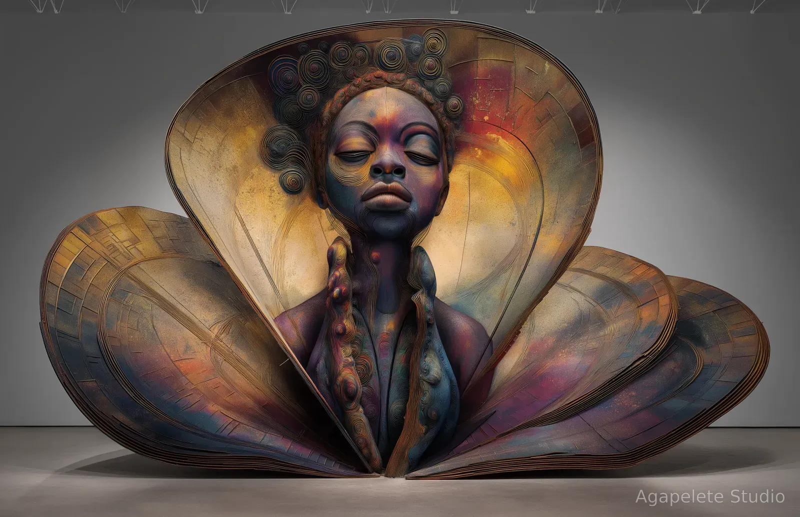 A frontal Black female bust with closed eyes and coiled spiral hair forming a crown, one hand raised to the throat, a warm gold halo of light behind the head amid gold, blue, and maroon petal-shell forms.