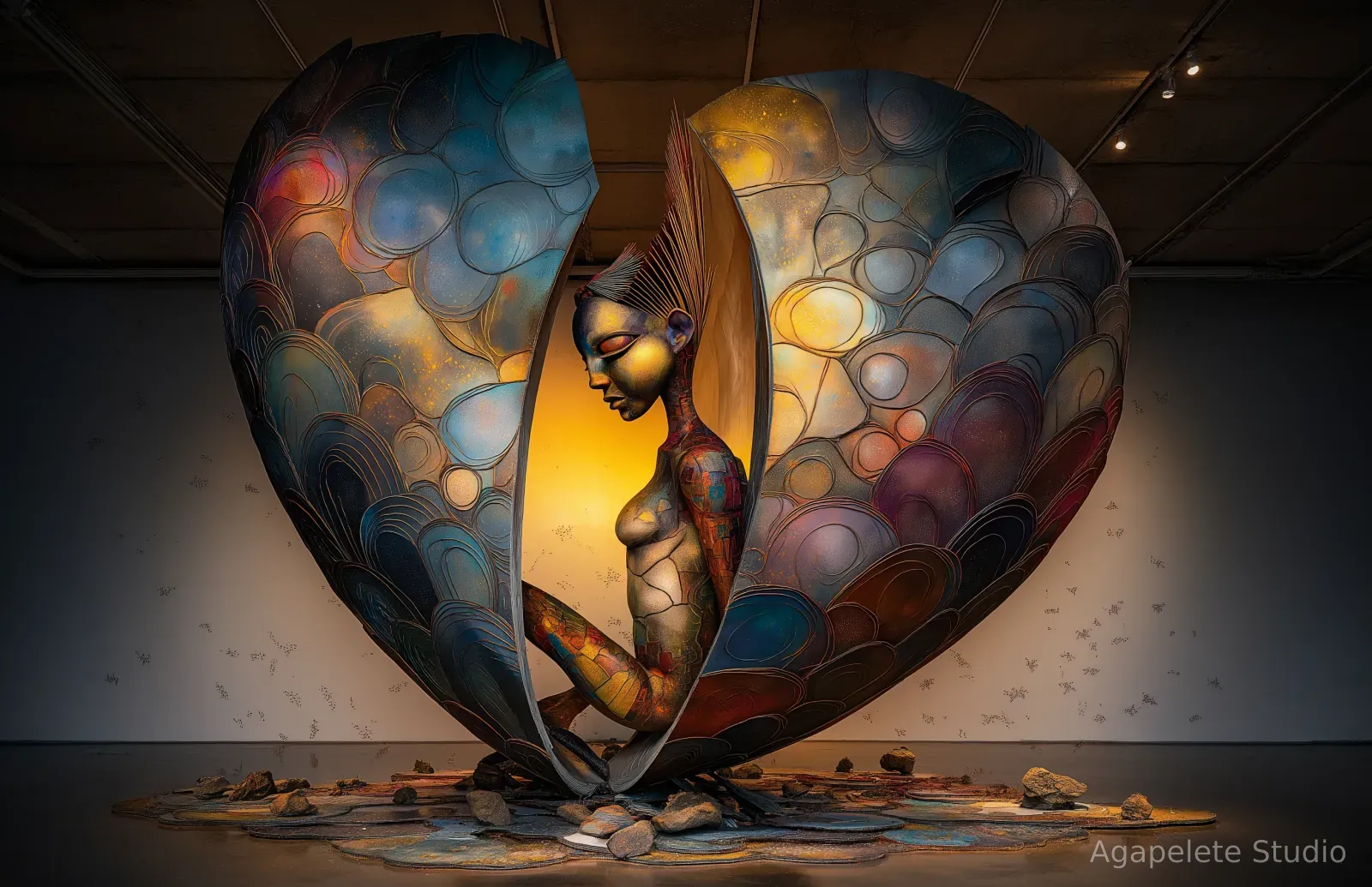 A monumental heart-form sculpture split open down the center with a Black figure seated within, crowned by a spiked backswept crest and lit from behind by a warm gold glow, the two halves dense with concentric cell-patterns in blue, gold, and maroon, dark stones gathered on a reflective floor.