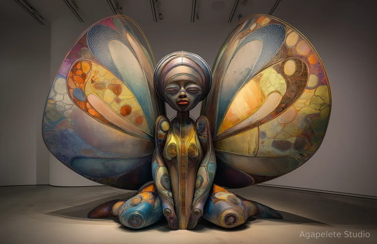 A frontal seated Black female figure in a ridged headwrap framed by two large symmetrical butterfly wings dense with cellular teardrop patterning in blue, ochre, and orange, the legs resolving into pod-like forms.
