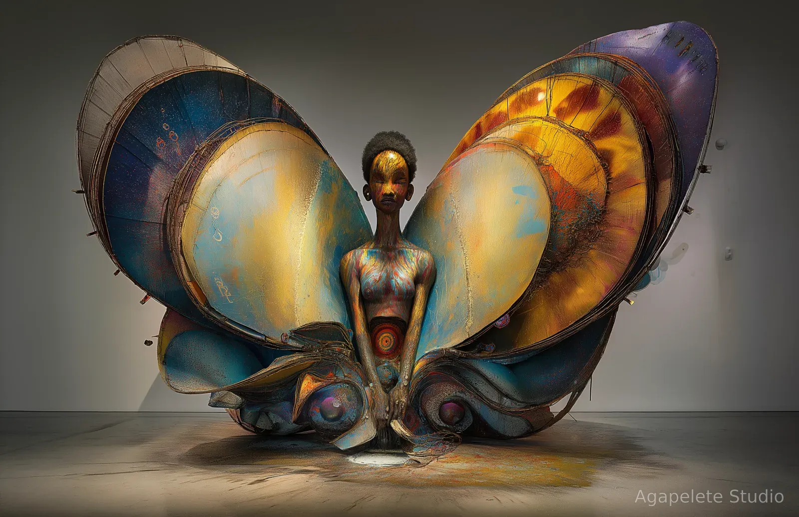 A standing Black female figure rising from four butterfly wings, the lower pair marked with large circular eye-spots in blue, violet, and magenta, a concentric target motif at the navel.