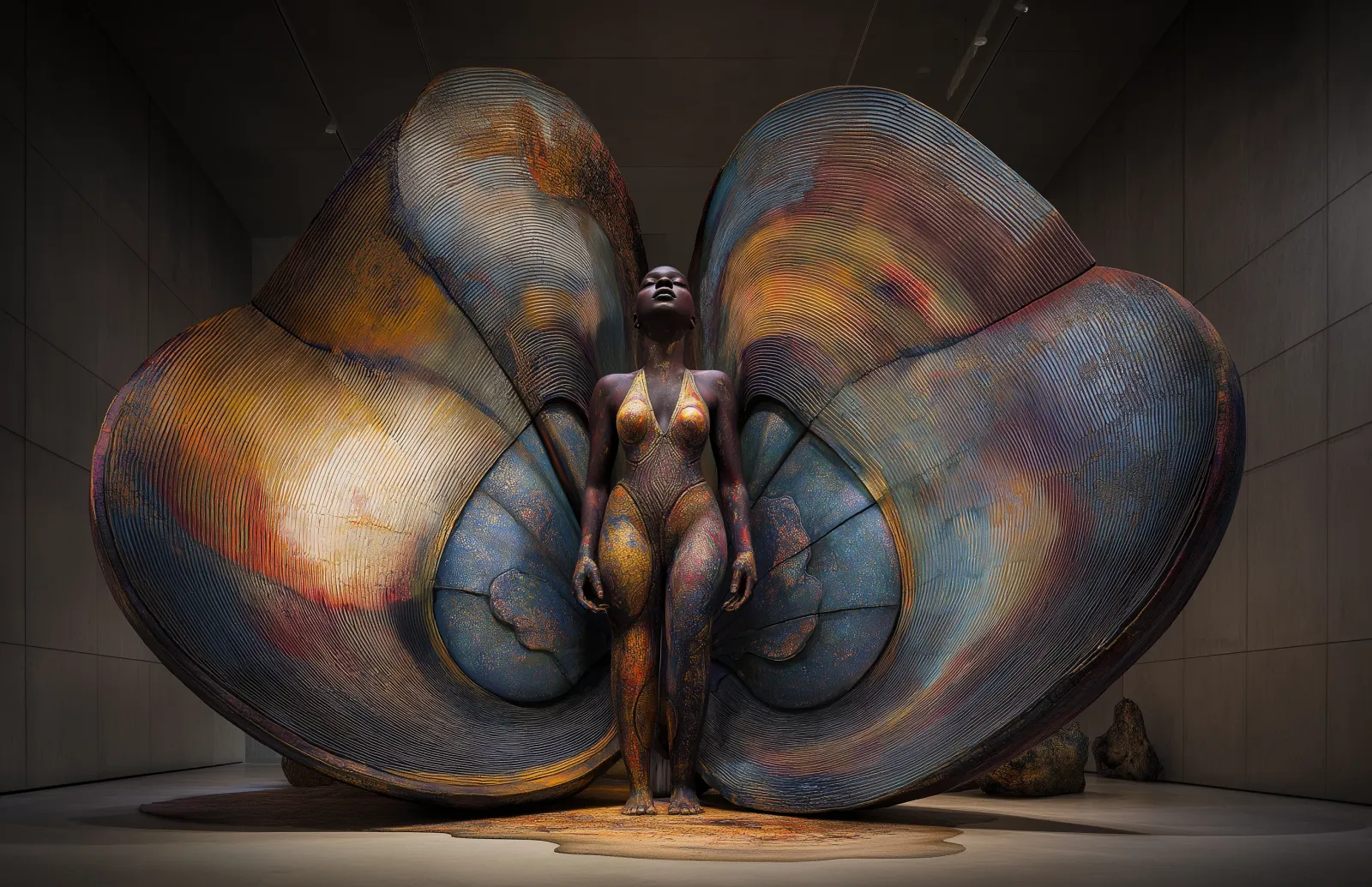 A standing Black female figure with face lifted and eyes closed in a patterned bodysuit, four enormous ribbed iridescent wings in blue, gold, and copper opening behind her on a reflective floor with small dark stones at the base.