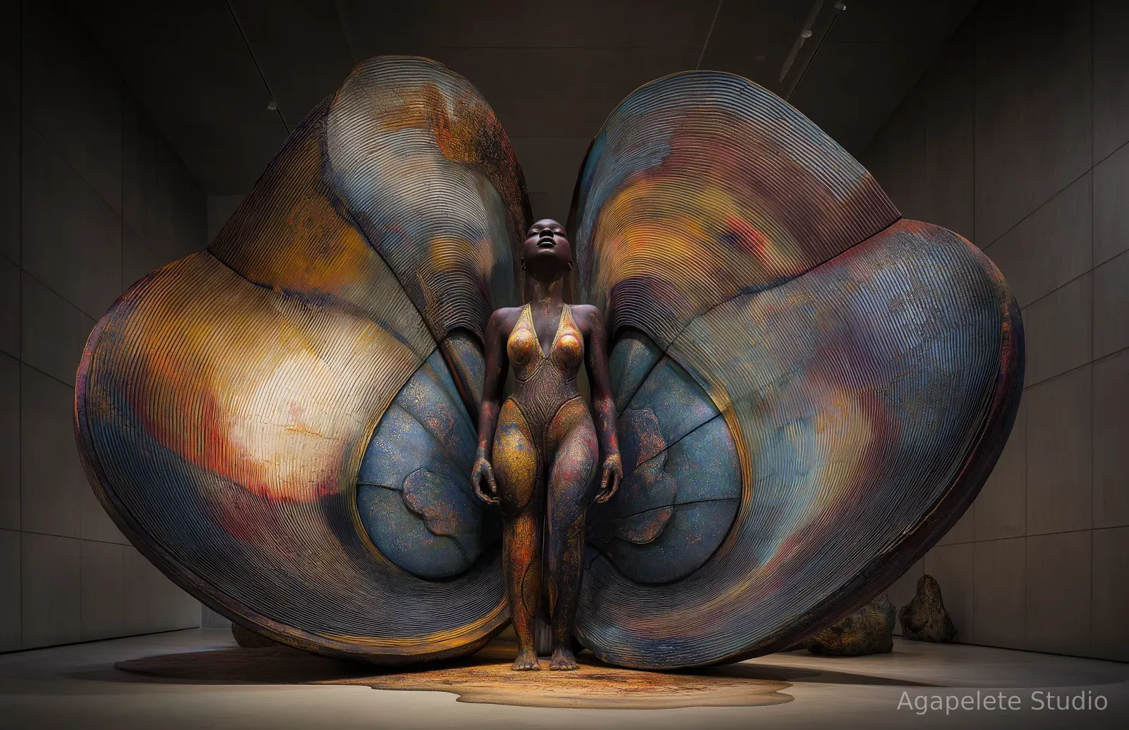 A standing Black female figure with face lifted and eyes closed in a patterned bodysuit, four enormous ribbed iridescent wings in blue, gold, and copper opening behind her on a reflective floor with small dark stones at the base.