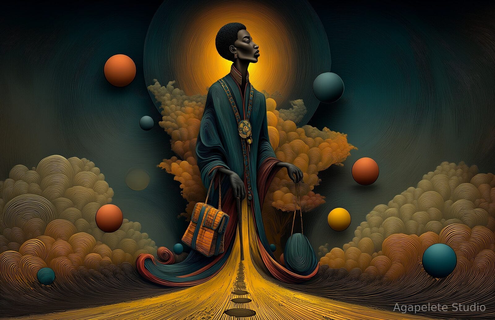A Black traveler in a teal robe wearing a gold medallion chain, carrying a woven satchel and cane on a glowing road before amber clouds.