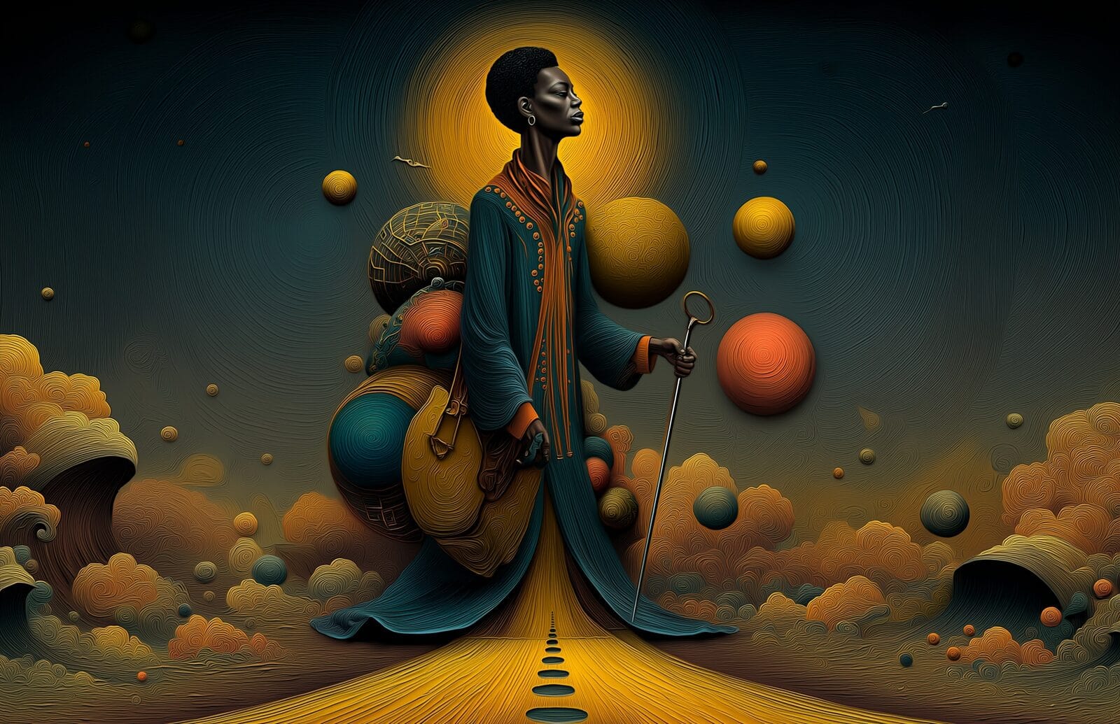 A Black traveler in a flowing teal robe carrying a stack of ornate globes on their back, holding a thin staff, walking a glowing yellow road through sculpted clouds.