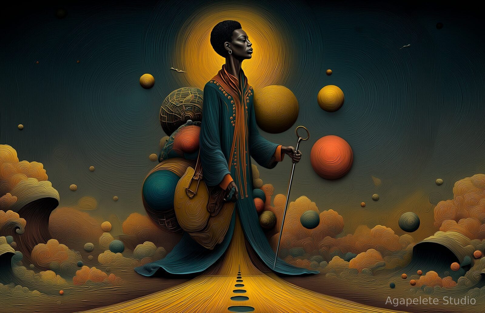 A Black traveler in a flowing teal robe carrying a stack of ornate globes on their back, holding a thin staff, walking a glowing yellow road through sculpted clouds.