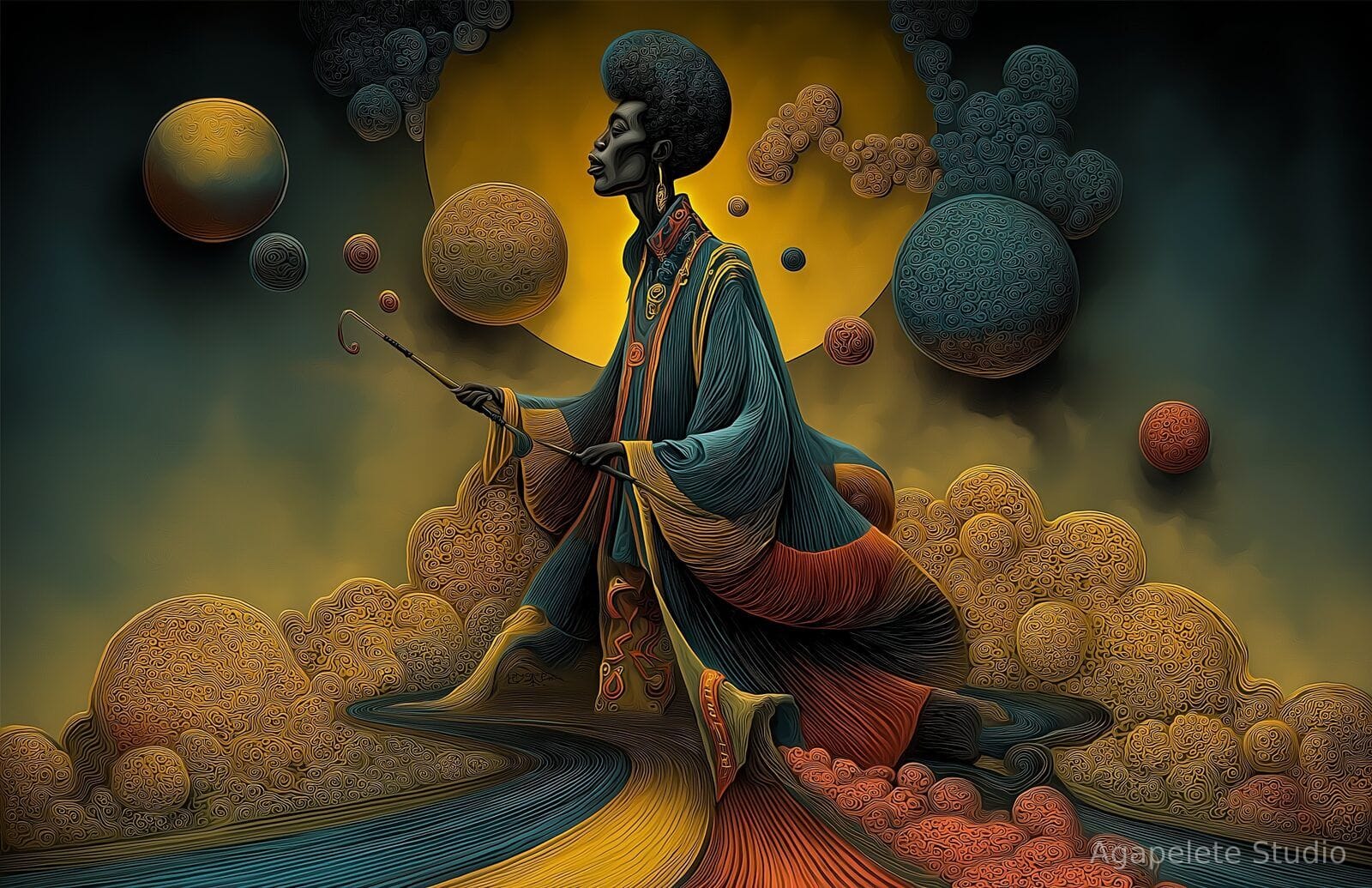 A Black traveler mid-stride on tiptoe wearing flowing teal and gold layered robes, small orbs floating upward from the lips, textured clouds behind.