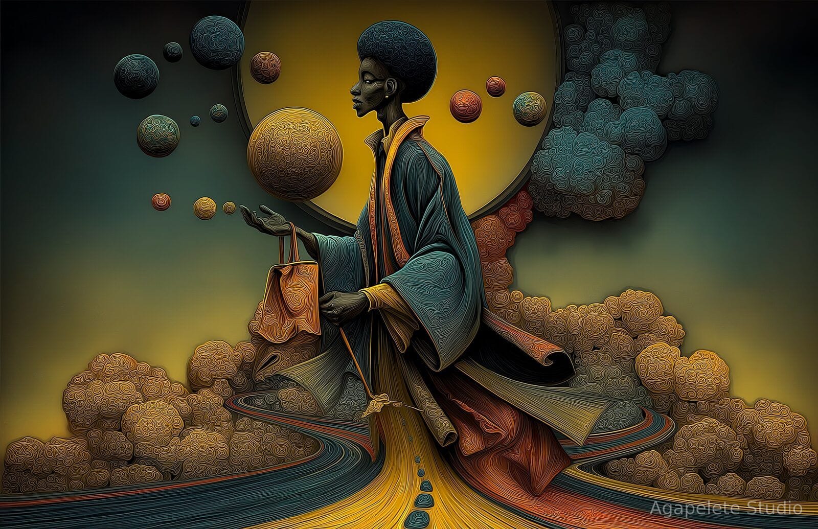 A Black traveler in a teal robe with an open upraised palm, small textured orbs rising from the hand toward a large golden sphere above a glowing road.