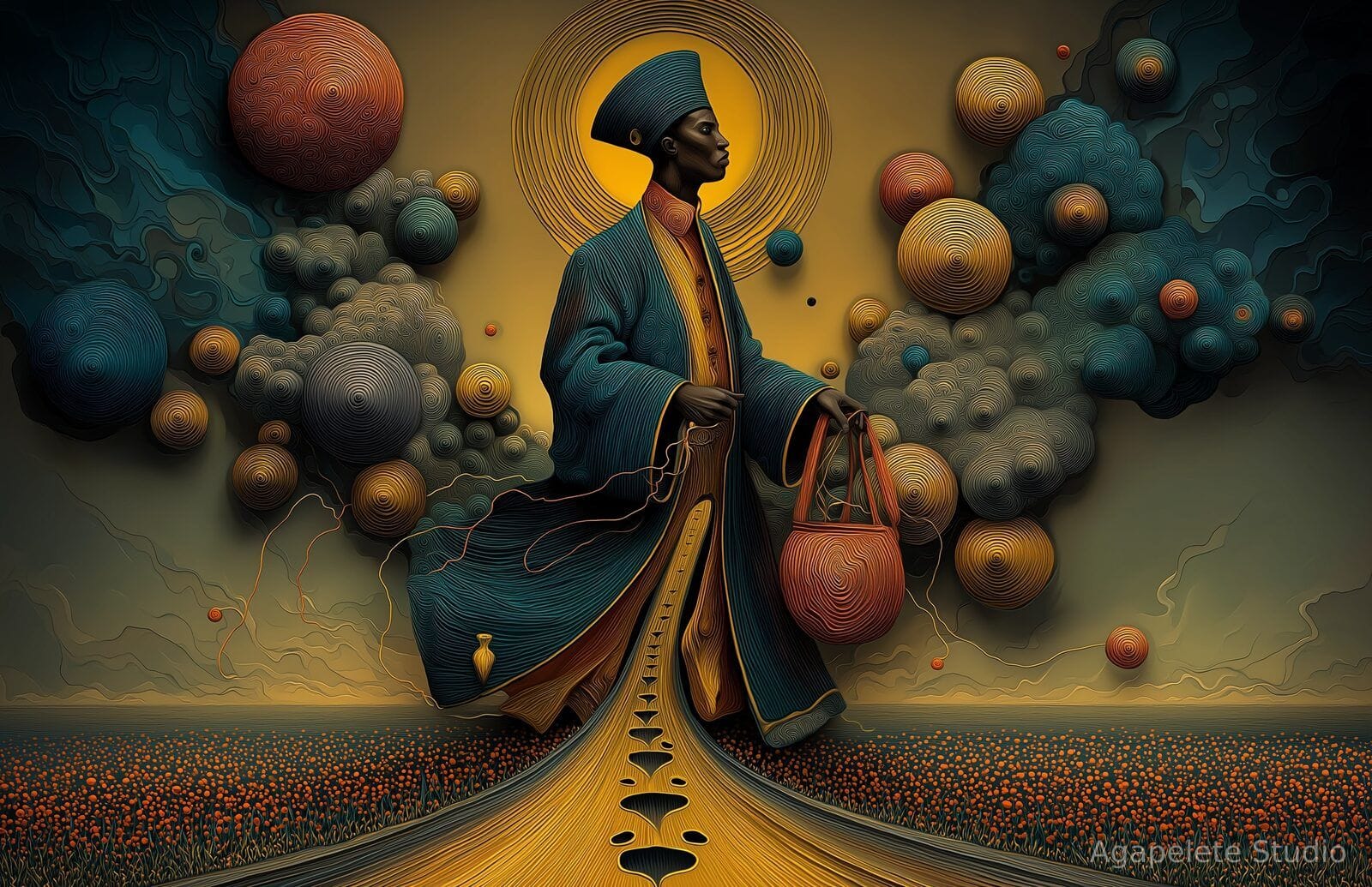 A Black figure in a hat and teal coat connected by thin red threads to surrounding textured sphere-clouds, before an enormous engraved gold halo.