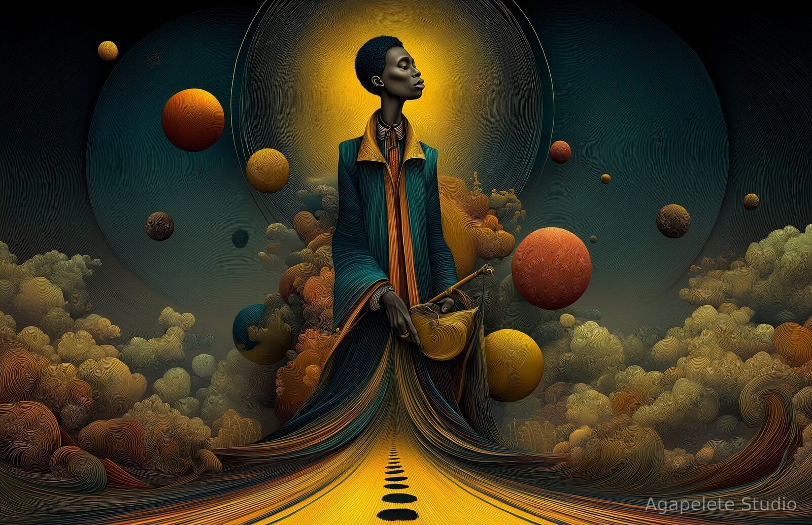 A Black traveler in a teal coat holding a golden lute-like instrument, standing on a glowing road with floating textured spheres around.