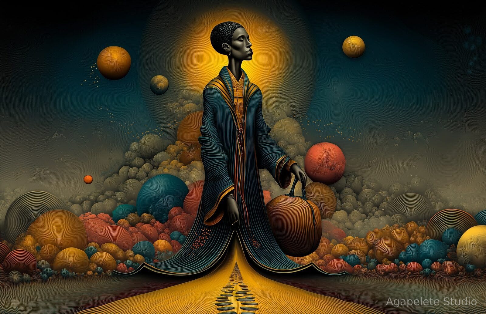 A Black figure in a long teal robe standing where a glowing yellow road with footprints begins beneath the garment, surrounded by textured sphere-clouds.