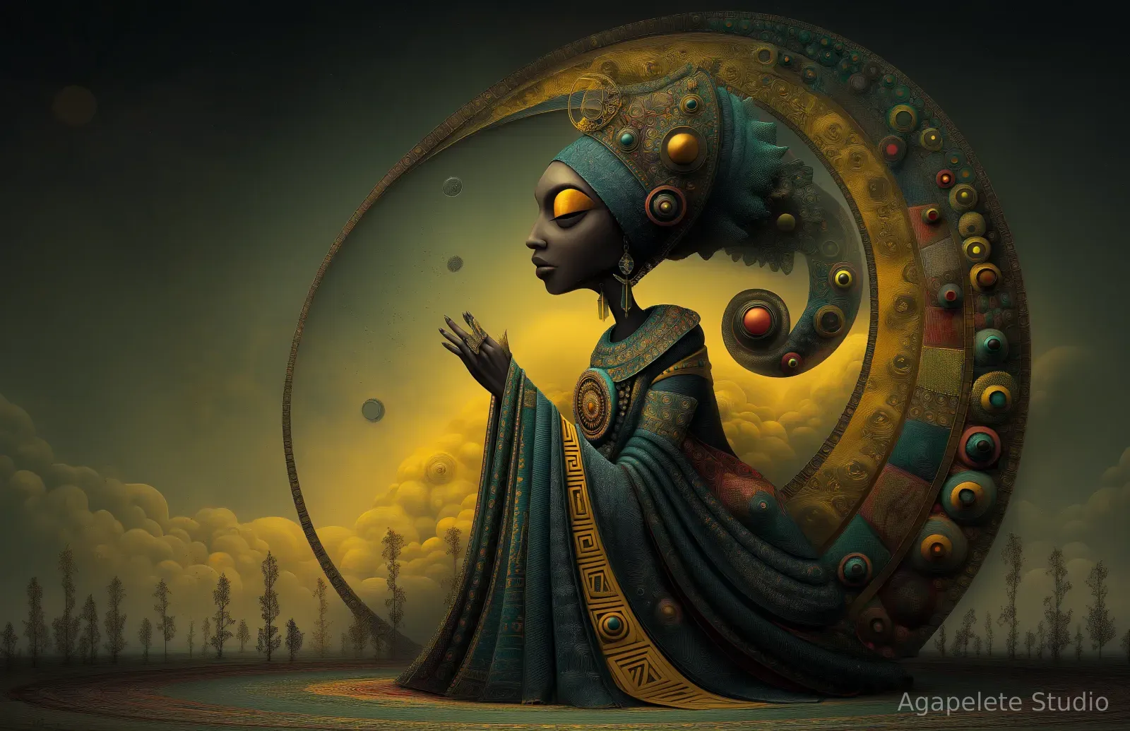 Black woman lifting both hands toward small floating points of light inside a huge ring of patterned discs and colored tiles, tiny trees on the horizon.