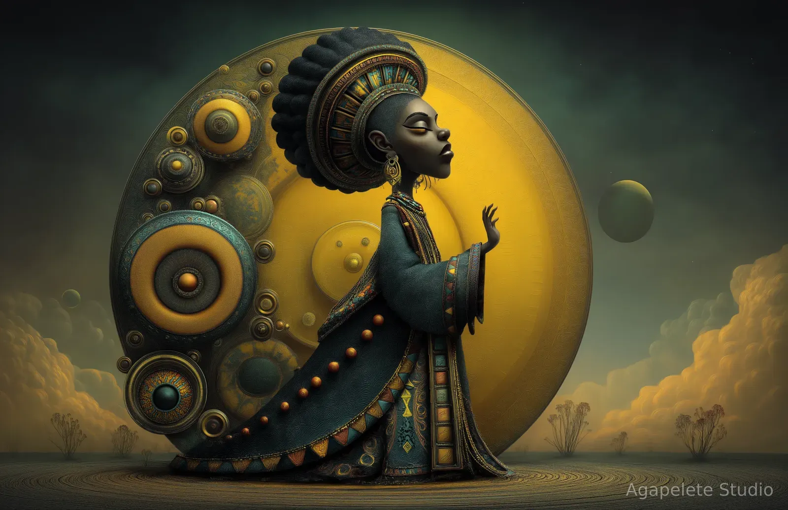 Black woman walking with a flat raised palm toward an immense gold disc with smaller wheels clustered beside it, two moons in the sky.