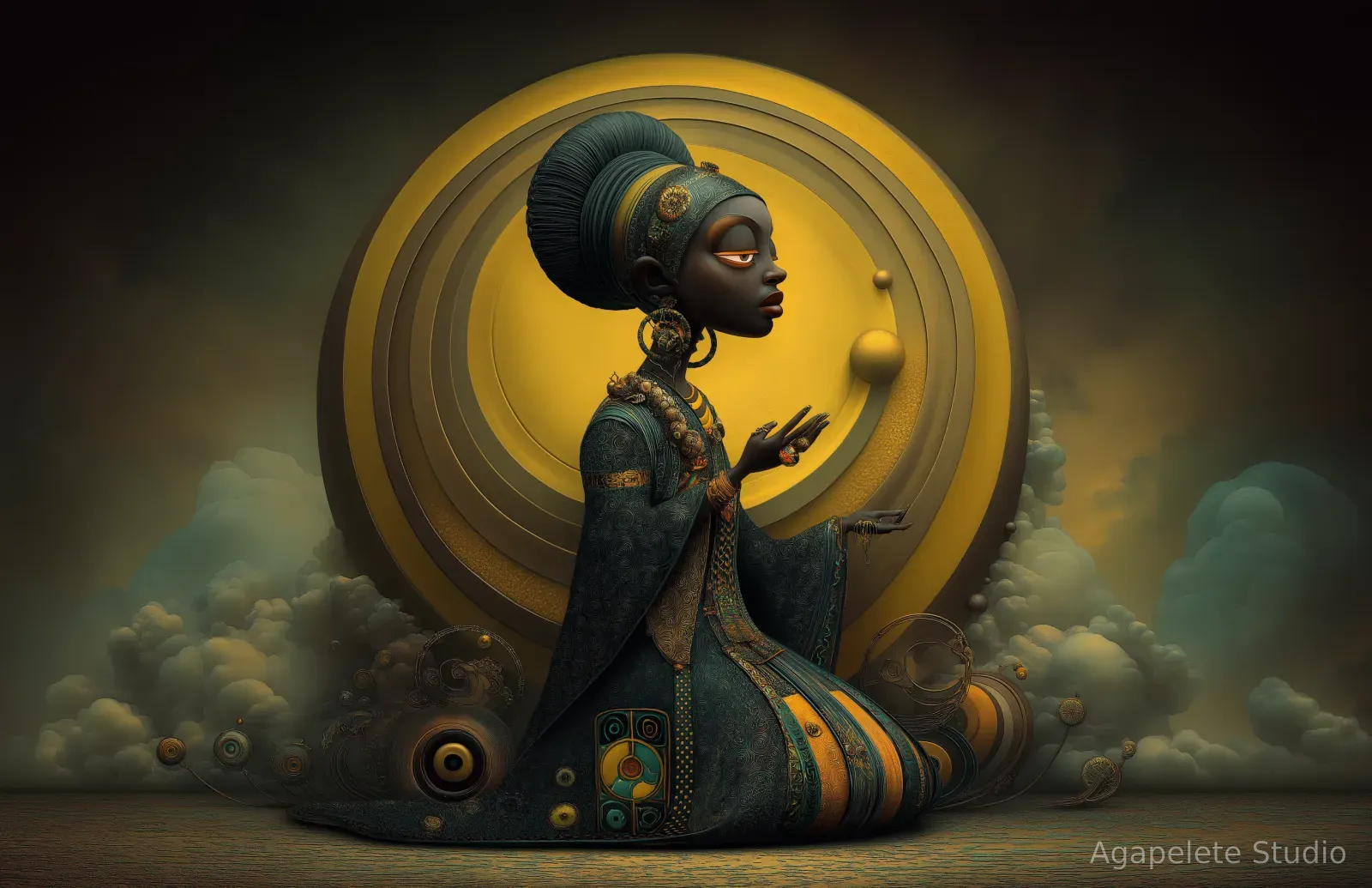 Kneeling Black woman in profile with a tall pleated teal hairstyle and half-open gold eyes, two gold spheres floating toward her hands before a ringed disc.