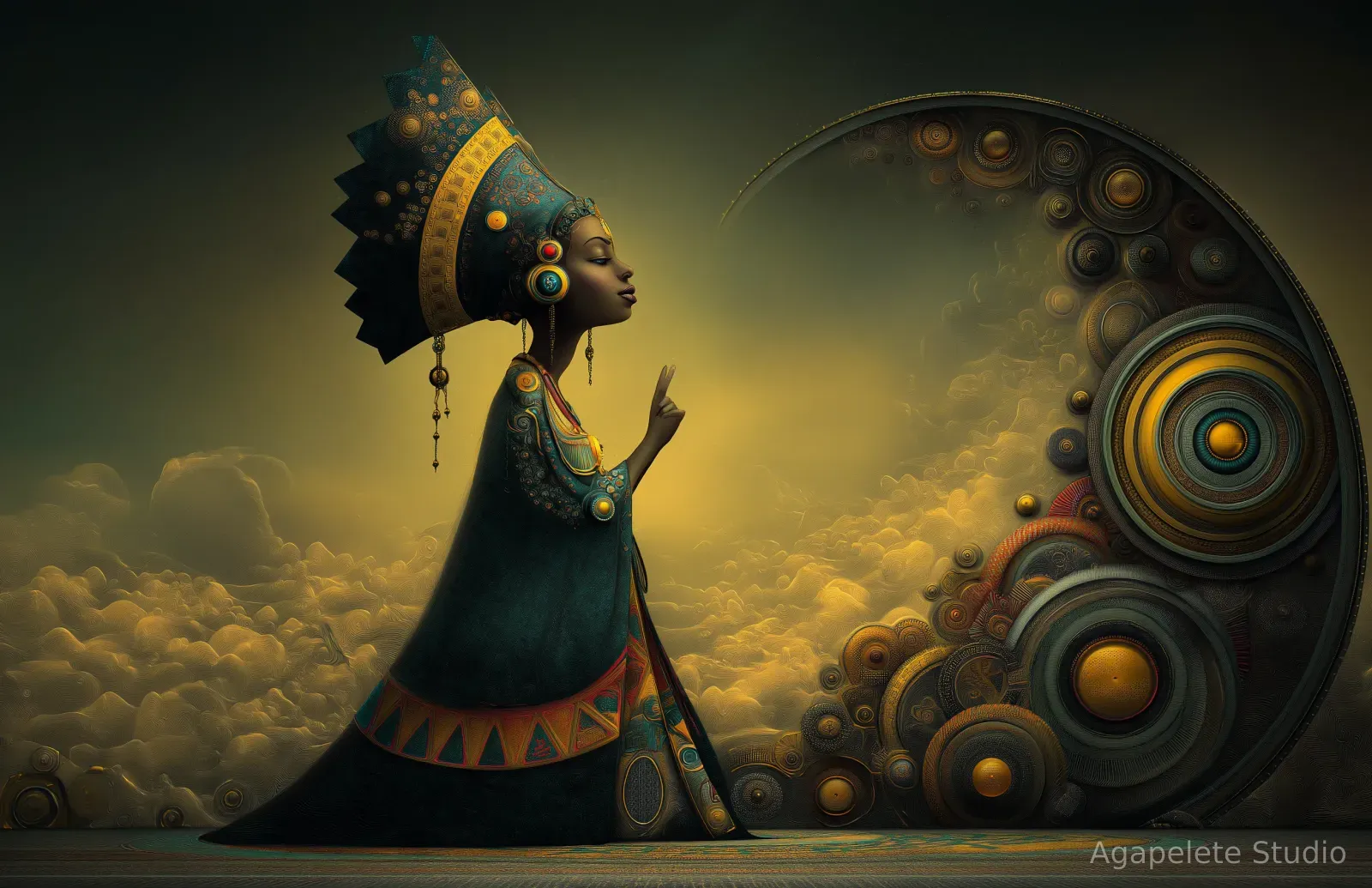 Black woman in a tall crested crown raising one finger toward a large crescent of stacked circular wheels under golden clouds.