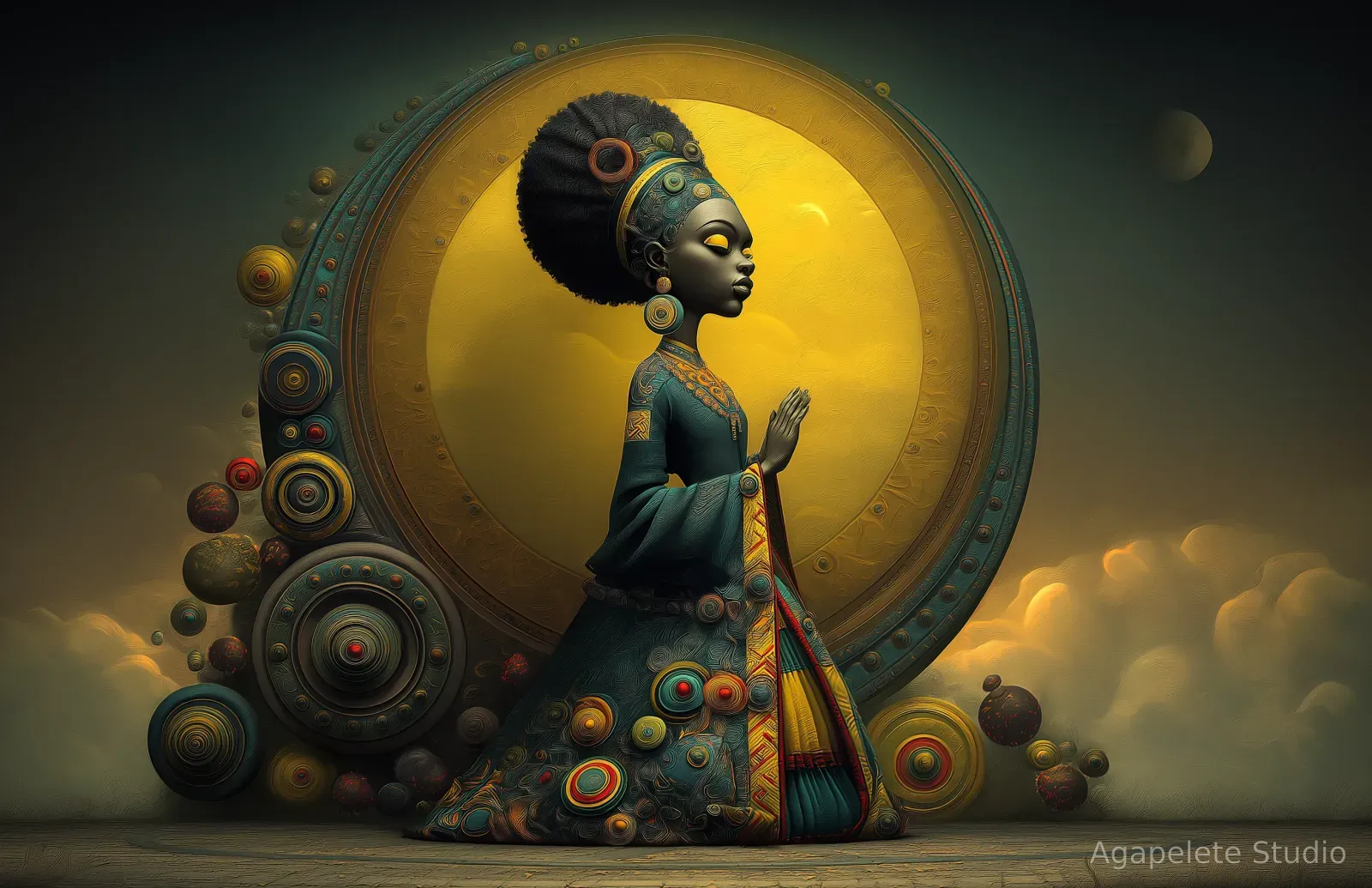 Black woman with a high round afro, hands pressed together in prayer, a glowing gold halo ring directly behind her head.