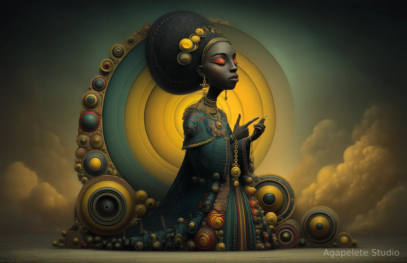 Black woman with a large dark beaded hairstyle holding a golden chain of links between two pointing hands, gown covered in coiled discs.