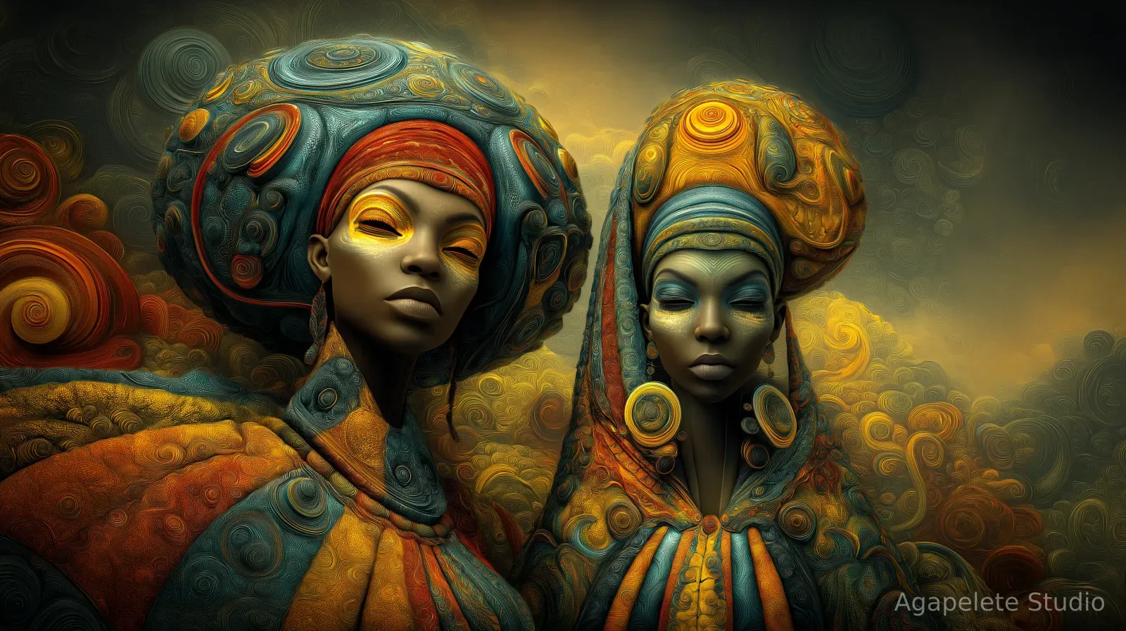 Close-up of two regal Black women in large swirling patterned turbans with big gold hoop earrings and gold eyeshadow against a glowing golden background.