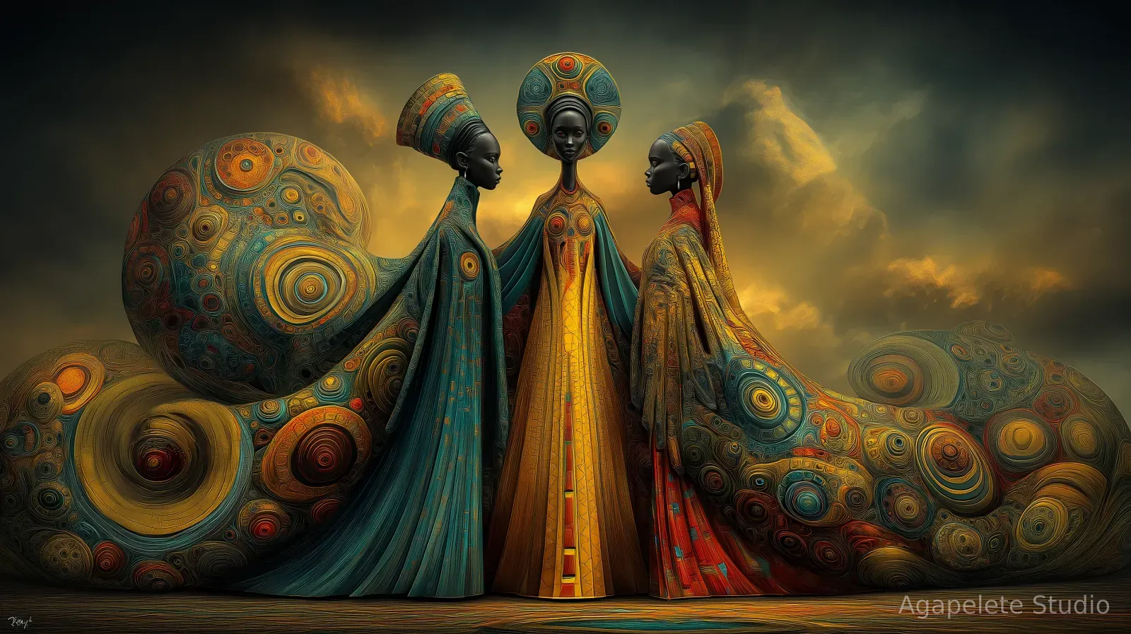 Three regal Black women, two in profile and one facing forward, in patterned robes flanked by large spiral sphere shapes under a golden sky.