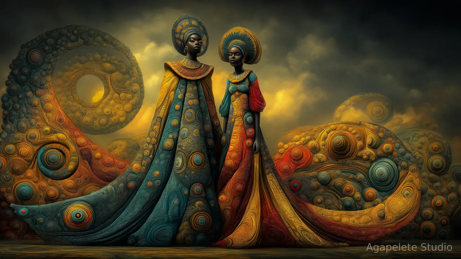Two regal Black women in patterned robes before a large spiral crescent with a glowing sun opening, surrounded by sphere-covered swirling forms.
