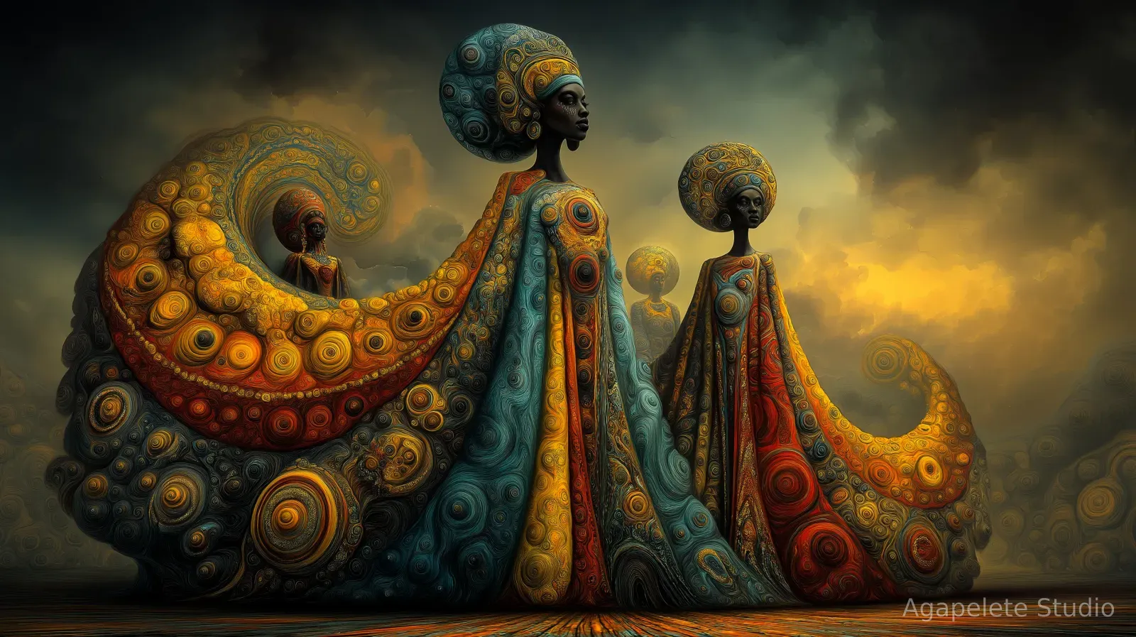 Two regal Black women with round halos in orange and teal robes that sweep into large swirling wave shapes under a golden sky.